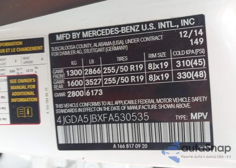 2015 Mercedes-Benz Ml 350 из США, поврежденный, VIN 4JGDA5JBXFA530535